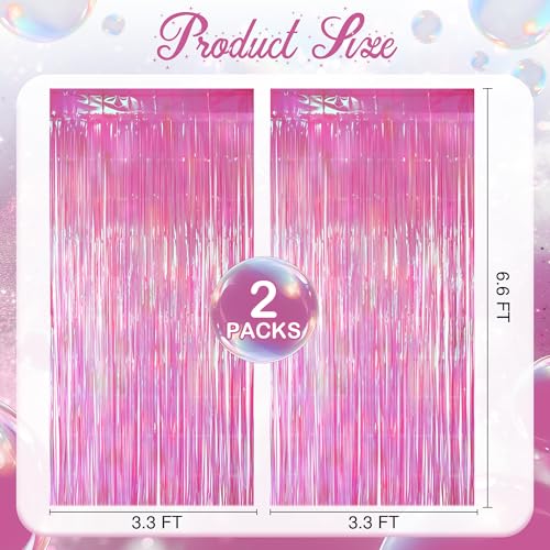 2 Pack Hot Pink Iridescent Streamers Backdrop, 3.3x6.6ft Foil Fringe Curtains Holographic Door Tinsel Streamers Photo Booth Prop for Birthday, Wedding, Holiday, Bachelorette, Theme Party Decorations - color: Hot Pink, size: 2 Pack