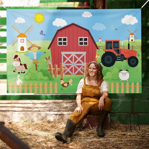 Farm Backdrop, 72x43inch Farmhouse Barn Backdrop, Farm Birthday Decorations, Rustic Farm Animals Photography Background Party Decorations for Boys and Kids Baby Shower Banner Newborn Photo Props