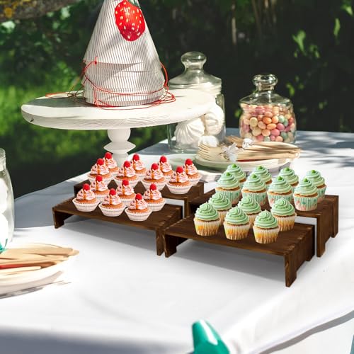 Yikaroeli 4Pcs Large Display Riser Wood Risers Cupcake Display Stand 2 Tier Racks Rectangular, 2 Set Perfume Decorative Display Dessert Stands for Vendors Event (Large/2Pack Brown)