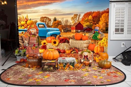 deFouliao Fall Backdrop for Photography Autumn Harvest Thanksgiving Maple Leaves Pumpkins Car Field Background Banner Thanksgiving Party Supplies Photo Booth Props, 5x3ft - color: Gold and Blue, size: 5x3ft