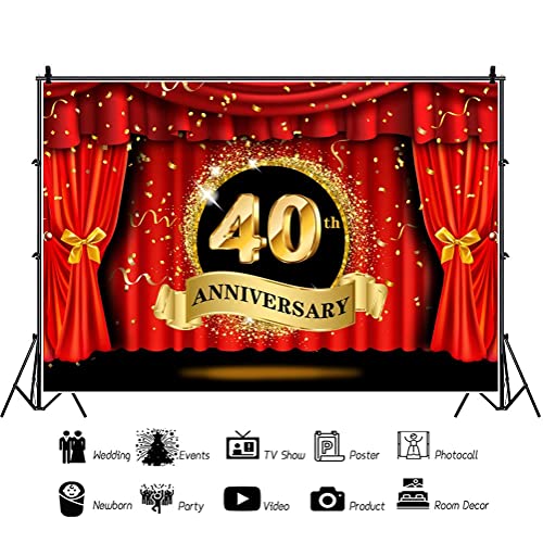 5x3ft Happy 40th Anniversary Backdrop Luxury Stage Red Curtain Glitter Golden Spots Photography Background Lover Couple Marriage Wedding Anniversary Celebration Party Vinyl Studio Props - color: 40th, size: 5x3ft
