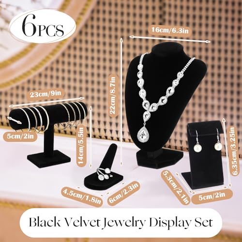 Wenqik 6 Pcs Velvet Jewelry Display Set Velvet Necklace Mannequin Bust Stand T Bar Bracelet Holder 2 Earring Stand 2 Ring Finger Jewelry Holder for Home Decor Showcase - color: Black