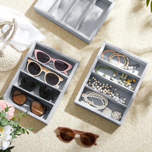Amylove 4 Pcs Gray Sunglass Organizer Trays 4 Grids Velvet Glasses Holder Jewelry Display Organizer Eyeglasses Storage Box Drawer - color: Gray, size: 4 Grids