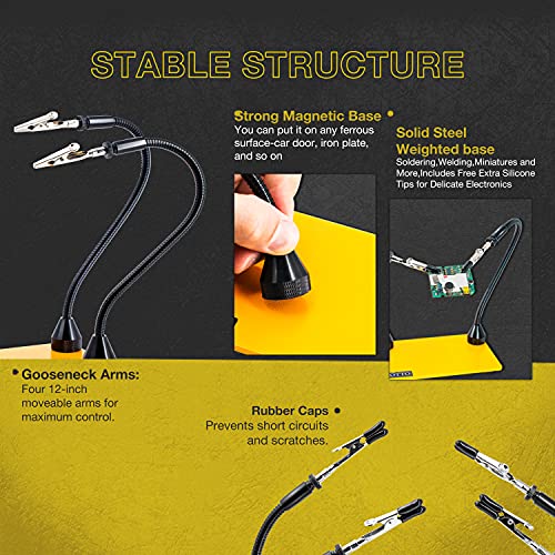 KOTTO Third Hand Soldering Tool PCB Holder Two Magnetic Based Flexible Metal Arms Helping Hands Crafts Jewelry Hobby Workshop Helping Station Non-Slip Steel Weighted Base