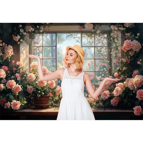 5x3ft Window Floral Backdrop Photography Flowers Wedding Bridal Shower Photography Background Retro Oil Painting Flower Banner for Girls Women Birthday Newborn Party Decorations Props - color: green and pink-1, size: 5x3ft