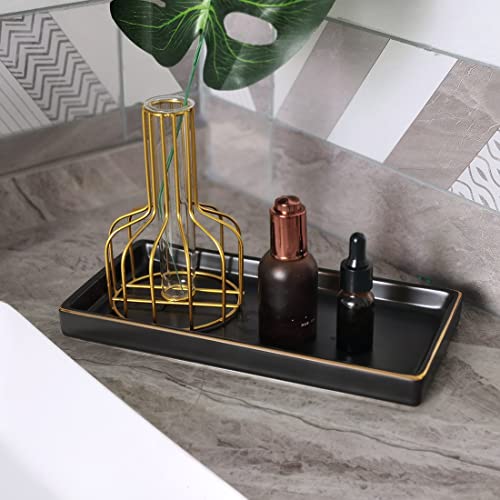 10 x 5 Ceramic Bathroom Tray for Countertop, Decorative Vanity Tray for Dresser Tops, Small Rectangular Trays for Perfume, Candle, Jewelry, Cosmetics (Black) - color: Black