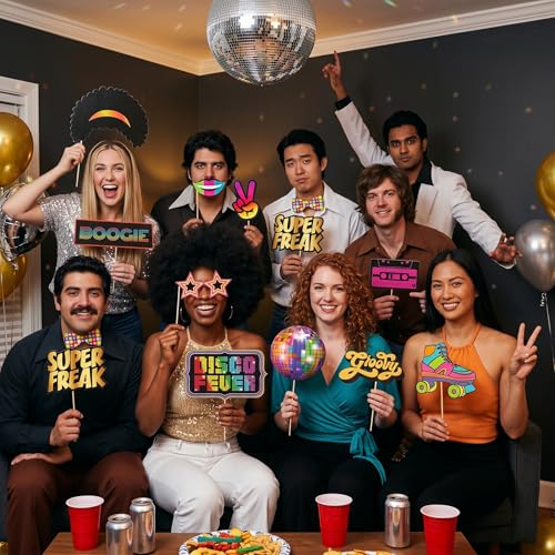 Disco Photo Booth Props - 37 Pieces - 1970s Retro Disco Party Supplies, Decorations and Gifts