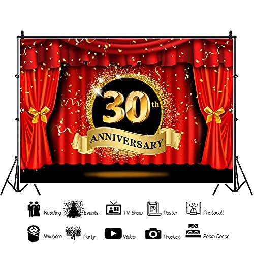 7x5ft Happy 30th Anniversary Backdrop Luxury Stage Red Curtain Glitter Golden Spots Photography Background Lover Couple Marriage Wedding Anniversary Celebration Party Vinyl Studio Props - color: 30th, size: 7x5ft
