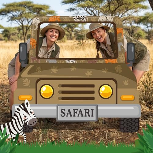 Capoda Safari Truck Photo Backdrop Stand up Cardboard Cutout for Jungle Party Decorations - 60 x 54 Inch Forest Animal Adventure Car Standee with Face Opening for Zoo Birthday Party Family Activity - style: Jungle Safari Car