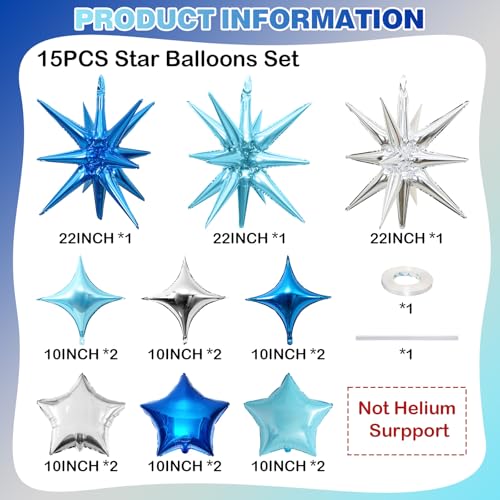 Blue Silver Star Balloons, 22in Large Star Balloons Foil 10in 4-Pointed & Pentagram Balloon for Graduation Baby Shower Space Themed Birthday Party Decorations - color: Blue Silver