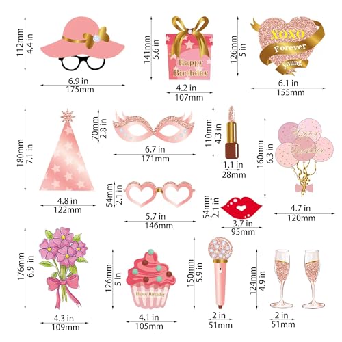 33PCS Birthday Photo Booth Props - Happy Birthday Graduation Wedding Party Favors Supplies Bday Party Decor Funny Cute Holiday Selfie Supplies (Rose Gold) - color: Rosegold