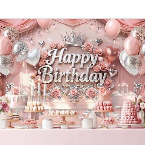 Riyidecor Pink Silver Happy Birthday Backdrop Balloon Roses Floral Crystal Presents Crown 7Wx5H Feet Polyester Fabric Girls Women Photography Background Birthday Table Decor Banner Studio Photo Shoot - color: H 01Pink Silver, size: 7Wx5H