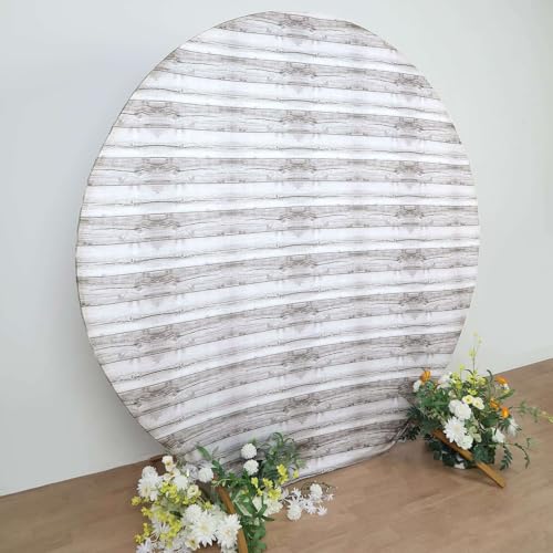 Efavormart 7.5ft White Rustic Wood Plank Round Spandex Backdrop Cover, Double Sided Weathered Wood Pattern Arch Slipcover for Shabby Chic and Coastal Decor - color: Warm White, size: Round
