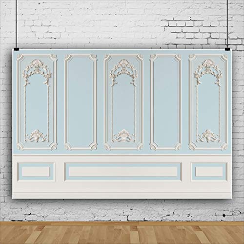Leyiyi 5x4ft Blue White Vintage Room Inside Backdrop European Frame Modern House French Castle Cementery Wall Retro Style Photo Background Cowboy Kids Birthday Portrait Photo Studio Props - color: Blue White, size: 5x4ft