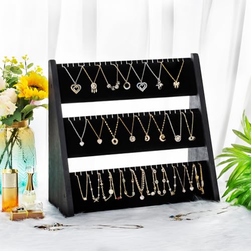 Necklace Organizer, 3-Tier Necklace Holder Jewelry Organizer Stand with Velvet, Wood Necklace Jewelry Display Stand, Necklace Display Stands for Selling 72 Necklaces Bracelets (Black) - color: Black and Black, size: 1 Pack