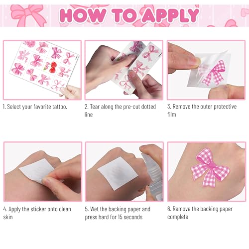 96 PCS Pink Bow Pre-Cut Temporary Tattoos for Kids | Super Cute Pink Bow Themed Birthday Party Favors, Supplies, Decorations, Fake Tattoo Stickers, School Rewards & Gifts for Boys & Girls