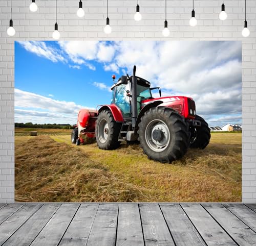 BELECO 5x4ft Fabric Farming Tractor Photography Backdrop Countryside Field Red Tractor Haystack Fall Harvest Photography Background Autumn Themed Party Decoration Photo Studio Props - size: 5x4FT