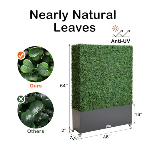 Artificial Boxwood Hedge Wall with Dark Grey Planter Box and Wheels, Greenery Fake Faux Grass Panels Backdrop Divider 48" WX66 HX14 D - size: 48"wx66"hx14"d
