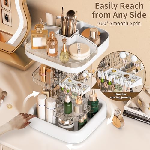 360 Rotating Makeup Organizer for Vanity & Countertop, Clear Adjustable Height Tiered Cosmetic and Skincare Storage, Spinning Perfume and Brush Holder, Jewelry Accessories Desktop Organizer, White - color: White