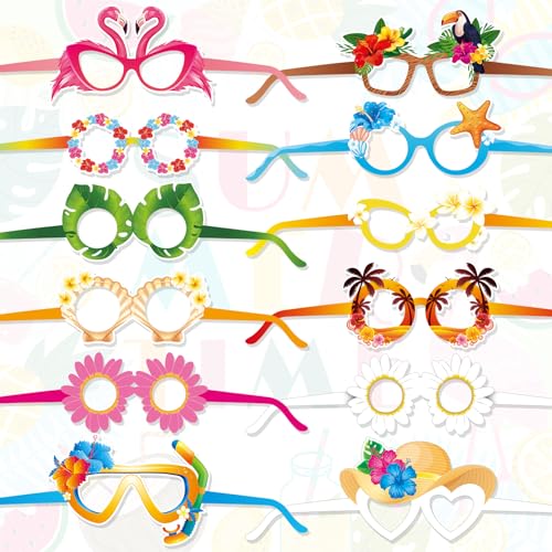HOWAF 24pcs Hawaii Paper Glasses,Luau Party Eyeglasses Photo Booth Props Kit for Summer Tropical Party Favors,Hibiscus Flower Glasses for Beach Party Decor Eyewear,Aloha Tropical Flower Photo Glasses