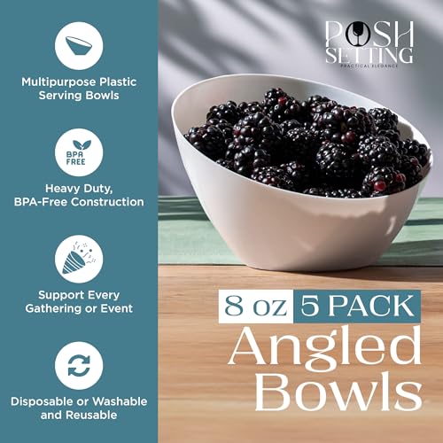 Posh Setting - White Plastic Serving Bowls for Party Angled Bowls Disposable Chip Bowls Candy Bowls for Party Table Salad and Fruit Bowls for Wedding Serving Bowls - White, 8 OZ, 5 Pack - color: White, size: Small 8 OZ