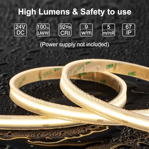 LLTOP COB LED Strip Lights Waterproof IP67 DC24v Warm White 3000K 16.4ft/5m High CRI 92Ra+ Outdoor LED Tape Lighting DIY Cuttable for Bedroom Kitchen Cabinet Shelf (Power Supply Not Included) - color: Warm White 3000K (power supply not included)