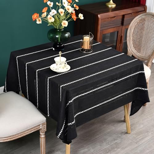 NEWISHER Rustic Farmhouse Embroidered Square Tablecloth Jacquard Striped Table Cloth Linen Texture Washable Dining Table Cover Kitchen Dining Home Decoration Black 52x52 inch - color: Black, size: 52" x 52" (Square)