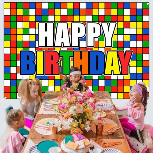 Colorful Cube Birthday Party Backdrop Banner Puzzle Game Themed Wall Decoration Colorful Plaid Block Backdrop for Boys Girls Birthday Party Photo Photography Prop Booth Background 70.9x47.2in-BECKTEN