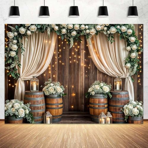 5 x 3 ft Wedding Rustic Barn Door Backdrop Western Wooden Vintage White Rose Floral Photography Background Anniversary Wedding Kids Birthday Bridal Shower Party Photo Shoot Decor Props Decoration - color: Brown, size: 5x3ft
