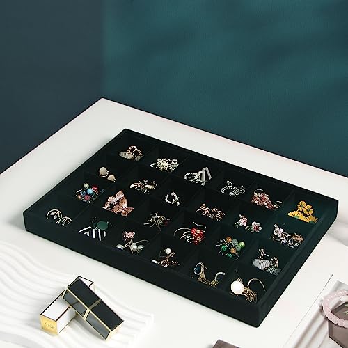 Coward 2PC Black Velvet Stackable 24 Gird Jewelry Organizer Tray Necklace Earring Box Storage Drawer Ring Earring Display Holder (24grid+24grid) - color: Black Velvet, size: 24Grids+24Grids