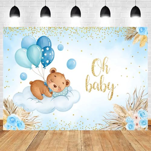 5x4ft Oh Baby Blue Baby Shower Backdrop Sleeping Bear on Cloud with Balloons Pampas Grass and Gold Glitter Decoration for Boy Gender Reveal Party Newborn Welcome Home Photography Background - color: Color 4, size: 5x4ft