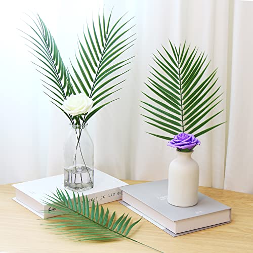 CCINEE 12 PCS Artificial Palm Leaves, Assorted Sizes Faux Large Palm Fronds Fake Tropical Plant Simulation Safari Leaves with Stems for Home Hawaiian Luau Party Jungle Beach Theme Party Decoration - color: A-green
