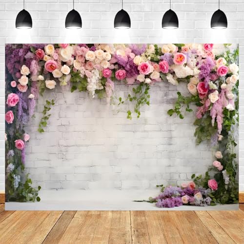 5x4ft Retro White Brick Wall Floral Backdrop Vine Leaves Rose Flowers Photography Background Bridal Shower Wedding Party Birthday Banner Decorations Adults Portrait Photo Booth Prop - color: color 4, size: 5x4ft