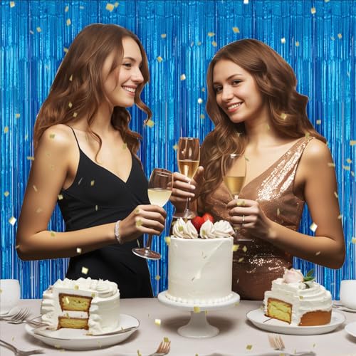 DECOCKRAT 3 Pack Foil Fringe Backdrop - Laser Blue Shiny Tinsel Curtains for Party Decoration/Photo Booth Props - 3.3x8.2 FT Metallic Foil Backdrop for Birthday, Wedding, Graduation, Christmas. - color: Laser Blue
