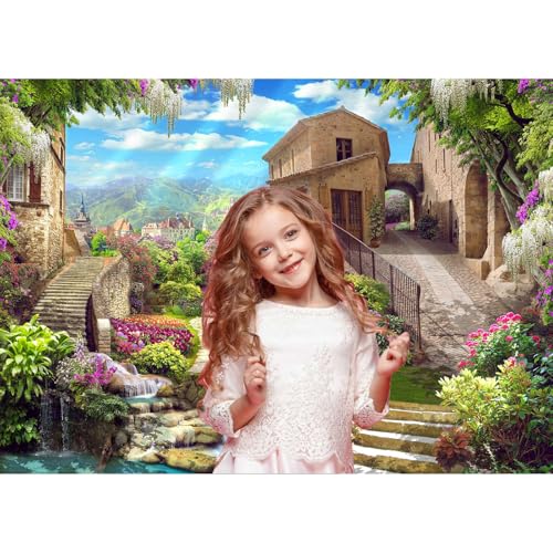 Italy Backdrop Europe Ancient Old City Italy Photography Background Tuscany Spring Garden Old Houses Blossoming Flowers Backdrop Decors Mountain Village Waterfalls Scenery for Travel Props 5x4ft - color: Brown_Green, size: 5x4ft