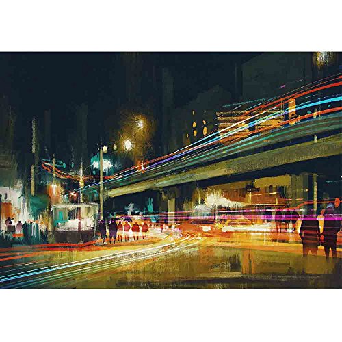 wall26 - Digital Painting of City Street at Night with Colorful Light Trails - Removable Wall Mural | Self-Adhesive Large Wallpaper - 66x96 inches - color: Artwork - 20, size: 66"x96"
