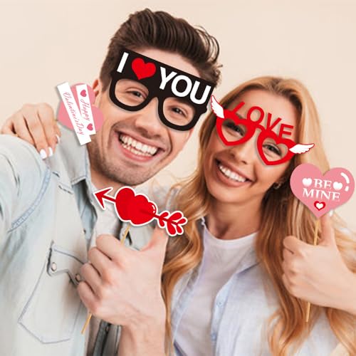 Valentine’s Day Photo Booth Props 24 Pcs Romantic Love Heart Selfie Props Happy Valentine’s Day Glasses Cute Hat Mustache Heart Photograph Props for Wedding Bridal Shower Party Supplies