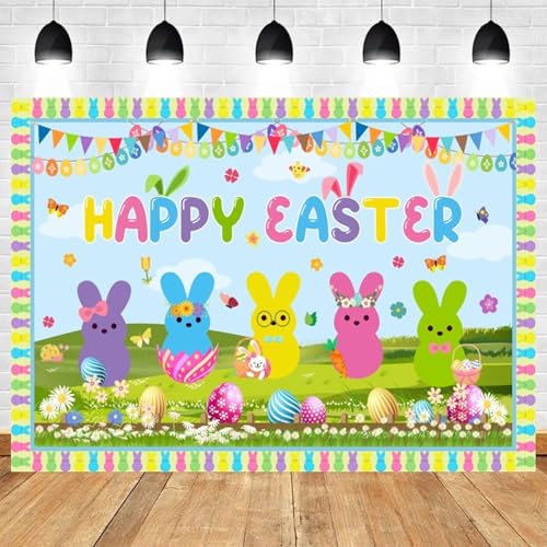 5x3ft Happy Easter Backdrop Spring Bunny Rabbit Colorful Eggs Garden Party Decoration Banner Flowers Butterflies Pastel Bunnies Easter Eggs for Kids Birthday Party Photo Booth Prop - color: color 14, size: 5x3ft