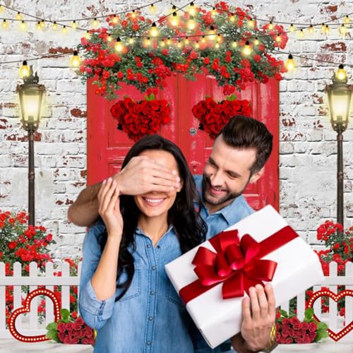 Valentines Backdrop 10x8ft Red Rose Love Heart White Brick Wall Red Door Photography Background Happy Valentine's Day Wedding Bridal Shower Anniversary Party Photo Booth Props