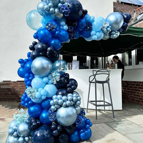 Blue Silver Balloons Set, 12 Inch Blue and Silver Balloons Dark Navy and Confetti Party Latex Balloon, Macaron Metallic Baby Blue Mixed Balloon for Birthday Graduation Baby Shower Wedding Retirement - color: Blue Silver