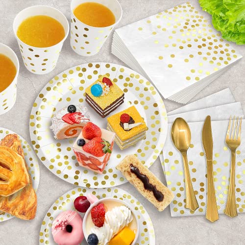 AIRE 175PCS White and Gold Paper Plates Party Supplies for 25 Guests Disposable Decorations Dinnerware Golden Dot Paper Plates Napkins Cups Gold Plastic Forks Knives Spoons for Mothers Day Birthday - color: 175PCS White and Gold