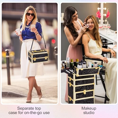 Somduy Rolling Makeup Case with Drawer, Makeup Train Case, 4 in 1Cosmetology Case on Wheels, Christmas Gift, Large Makeup Organizers, Profesional Cosmetic Case for Salon Barber, Pattern Black Gold - color: Black Gold