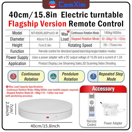 15.8In Remote Motorized Electric Turntable Rotating Display Stand Rotating Platform Photography Turntable motorized lazy susan base giratoria para for Photography,3D Scanner,(Load Range:132~400lbs) - size: 15.8inch/White/400Lbs Load