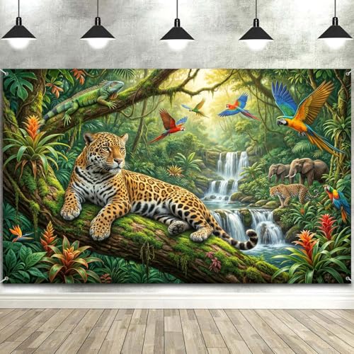 Tropical Jungle Leopard Backdrop, Rainforest Wildlife Photography Background with Parrot & Waterfall, Safari Animal Party Decor for Kids Birthday, Baby Shower, Photo Booth Props - color: Multi3, size: 7X5