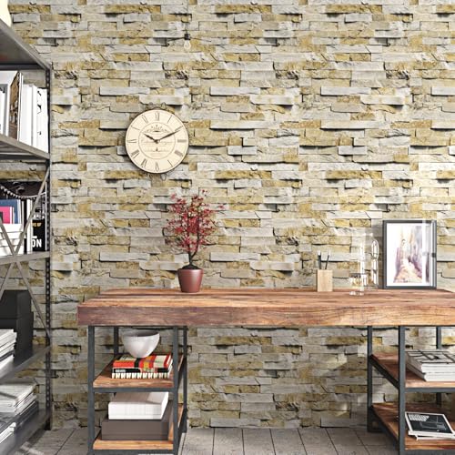 Wallercity Distressed Brick Peel and Stick Wallpaper 3D Brick Modern Wallpaper for Accent Wall Gray/Yellow Faux Embossed Stone Removable Contact Paper for Walls Decoration Furniture 15.8"x315" - color: Grey/White, size: 15.8" x 315"