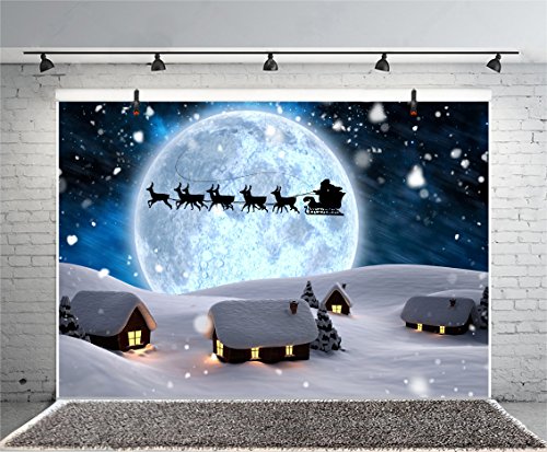 7x5ft Moon Night Winter Backdrops for Photography Fantasy Santa's Sleigh Ride Snowing Wonderland Fairy Tale Small Village Christmas Background Happy New Year Photo Booth Props