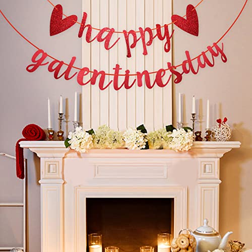 Happy Galentine's Day Banner, Red Glitter Heart & Galentine’s Day Garland Banner Sign for Ladies Girls Friends Valentine’s Day Party Decor, Break Up Party Favor Photo Props - color: Red