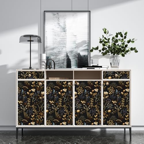 Black Floral Peel and Stick Wallpaper Vintage Boho Gold Leaf Contact Paper Flower Wall Mural Home Vinyl Waterproof Self Adhesive Removable Renter Friendly Wall Paper 17.5" x 118" - color: Multicolor, size: 17.5" x 118"