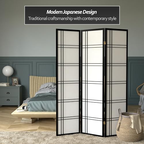 Red Lantern 6 ft. Tall Double Cross Shoji Screen - Black - 3 Panels - color: Black, size: 3 Panel