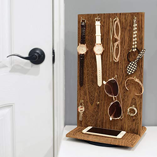 Ikee Design 2 Pcs Wooden Rotating Two-Sided Jewelry Display Stand, Rotating Organizer with 32 Hooks for Store, Keychain Earring Display with Hooks, Brown color, 9 W x 7.5 D x 16.5 H in - color: Brown, 2 Pieces, Standard Hook